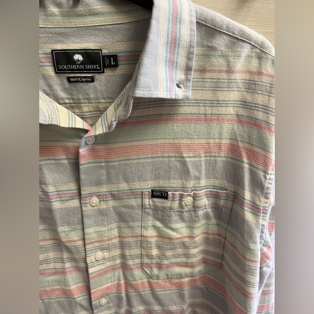 Southern Shirt Co. button up, cotton material, size L, pink, blue, + green